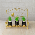 Gold decorative plant stand with three green plants on a light wooden floor.