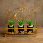 Gold decorative plant stand with three potted plants on a wooden surface and brown background