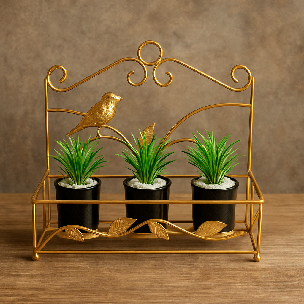 Gold decorative plant stand with three potted plants on a wooden surface and brown background