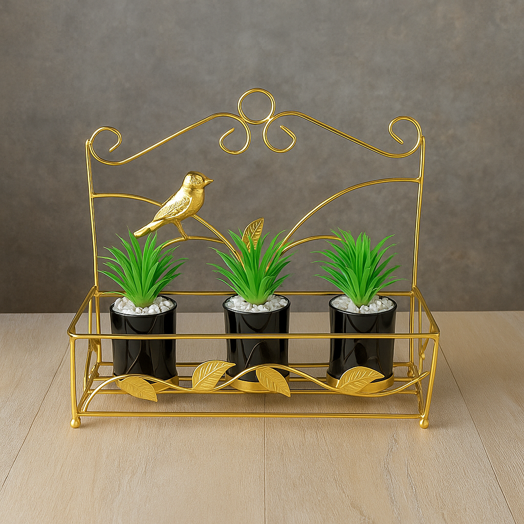 Gold metal plant stand with decorative elements on a wooden floor.