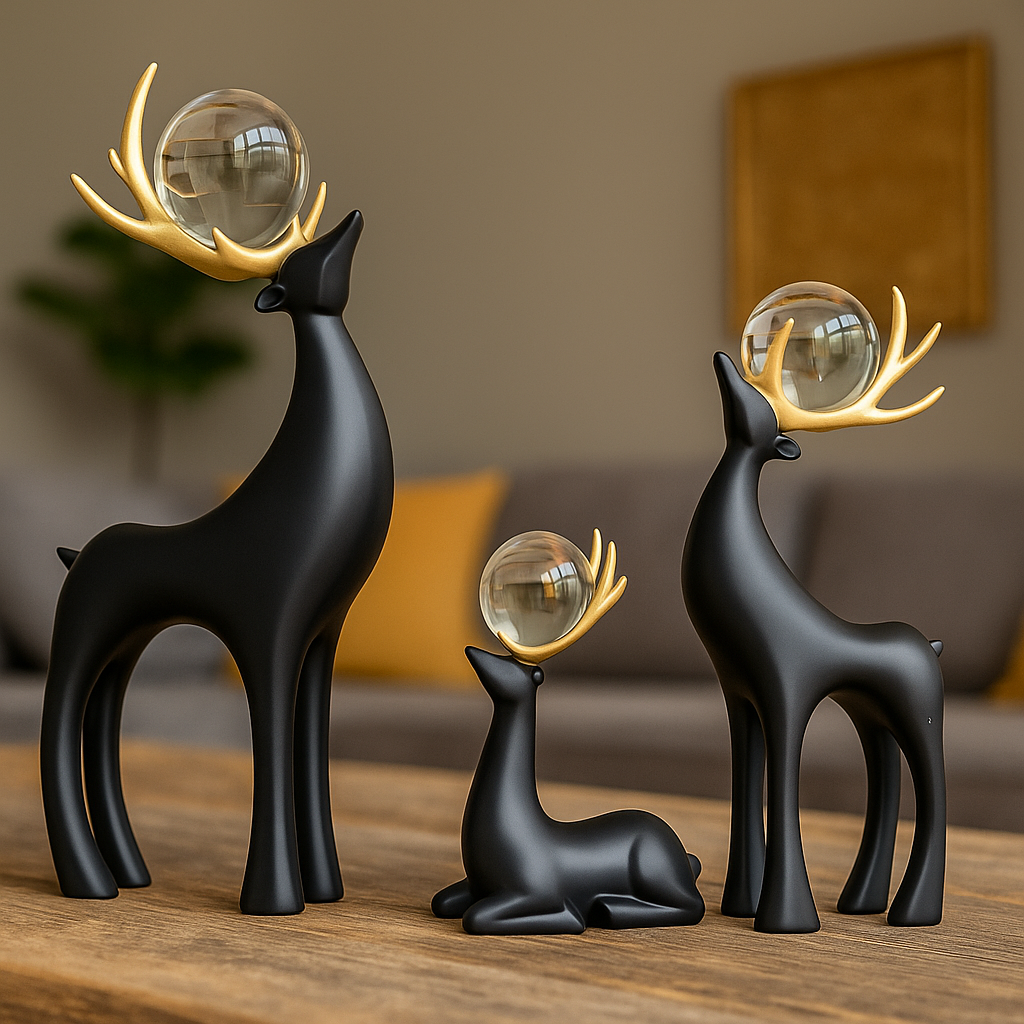 Artistic deer decor set featuring elegant black deer sculptures with golden antlers and glass accents.