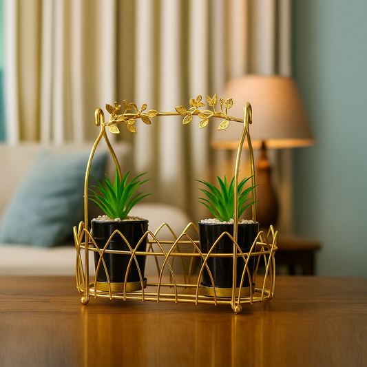 Gold Metal Tray with Artificial Double Ceramic Plant Pot