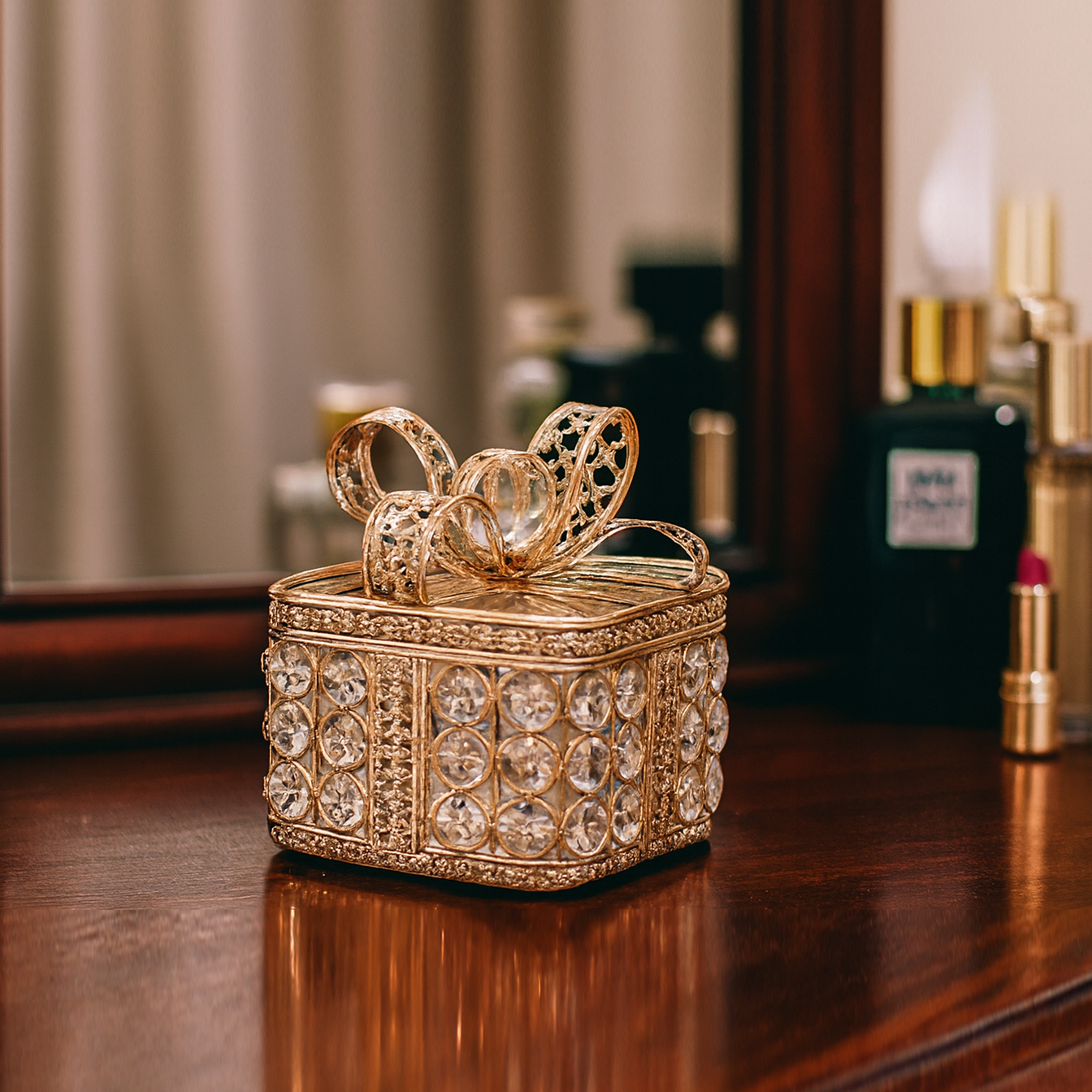 Gold decorative box with crystals on a wooden surface with blurred background