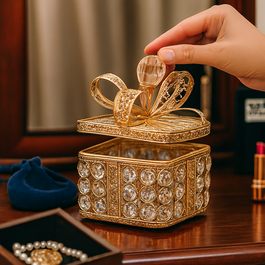 Gold jewelry box with decorative lid on a wooden surface