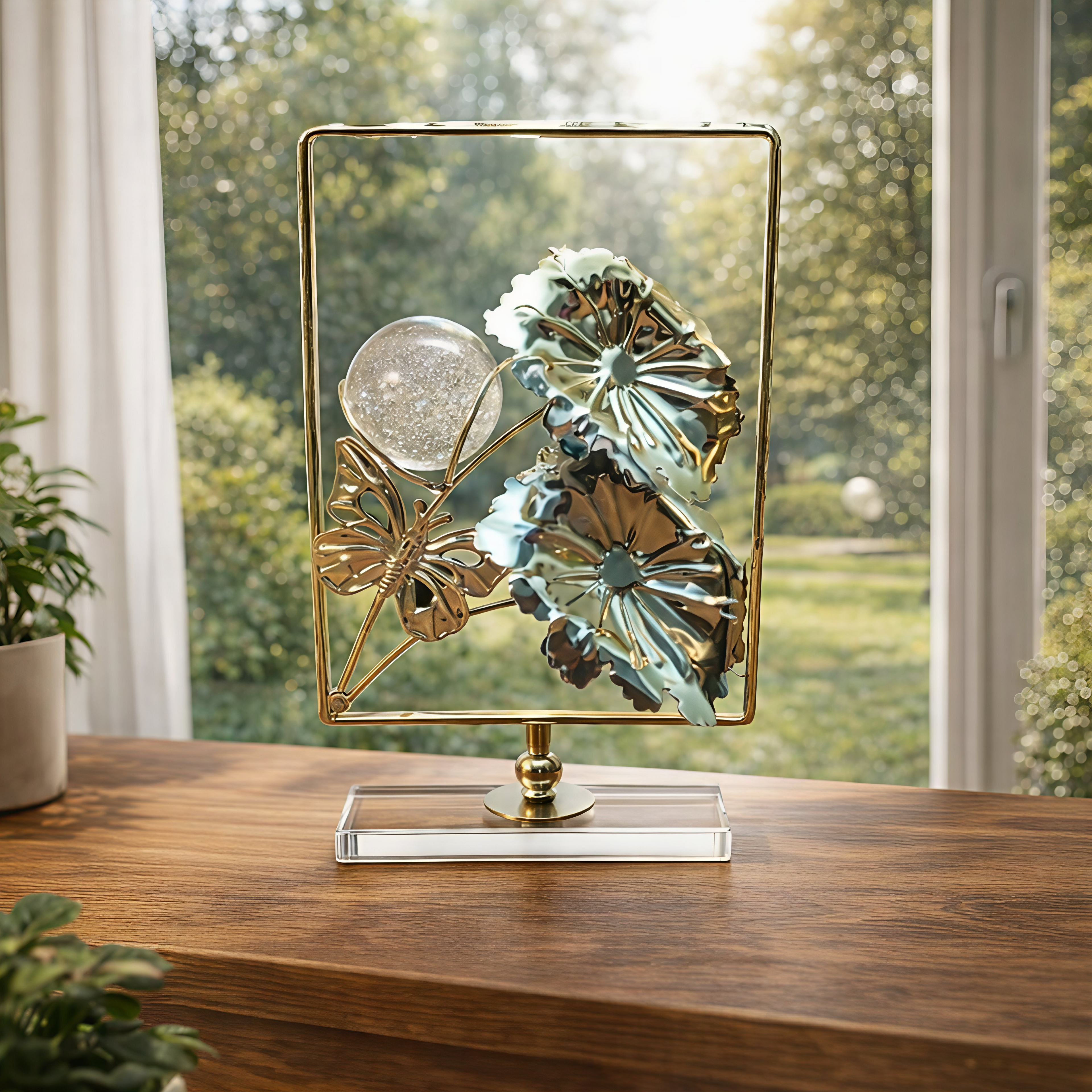 Decorative piece with flowers and butterflies on a glass frame, placed on a wooden surface with a window in the background.