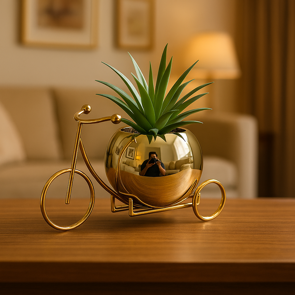 Decorative gold bicycle planter with a plant on a wooden surface in a blurred indoor setting