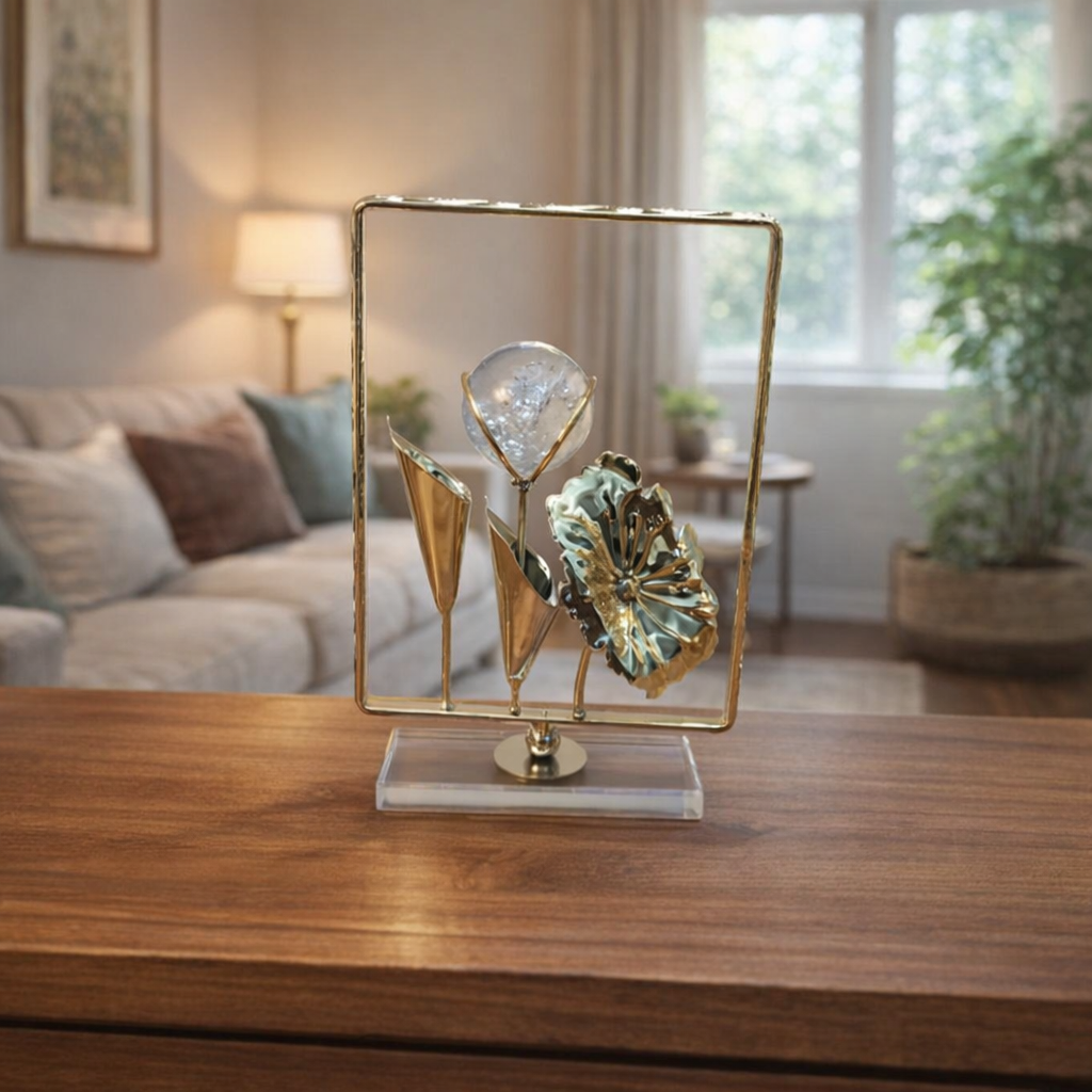 Decorative sculpture on a stand in a living room setting