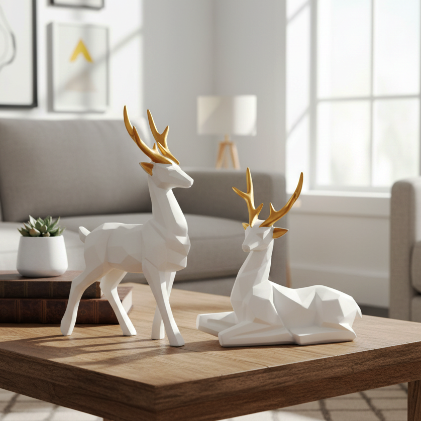 Two white deer figurines with gold antlers on a wooden table in a living room.