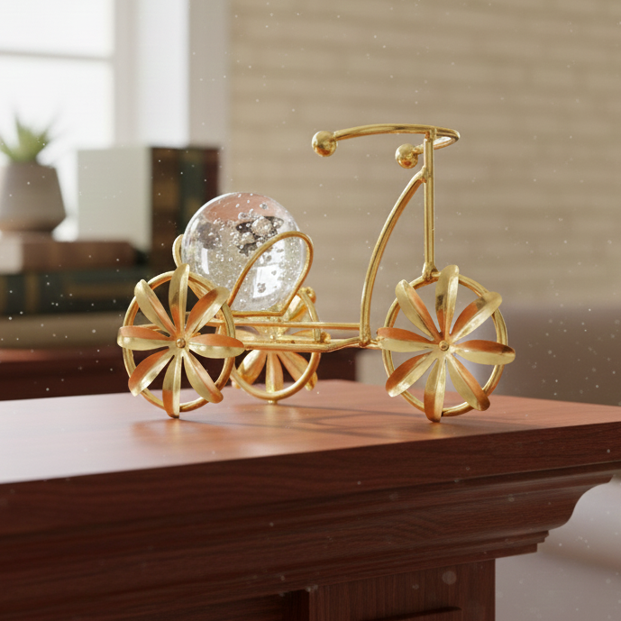 Decorative gold bicycle with crystal ball on a wooden surface in a room.