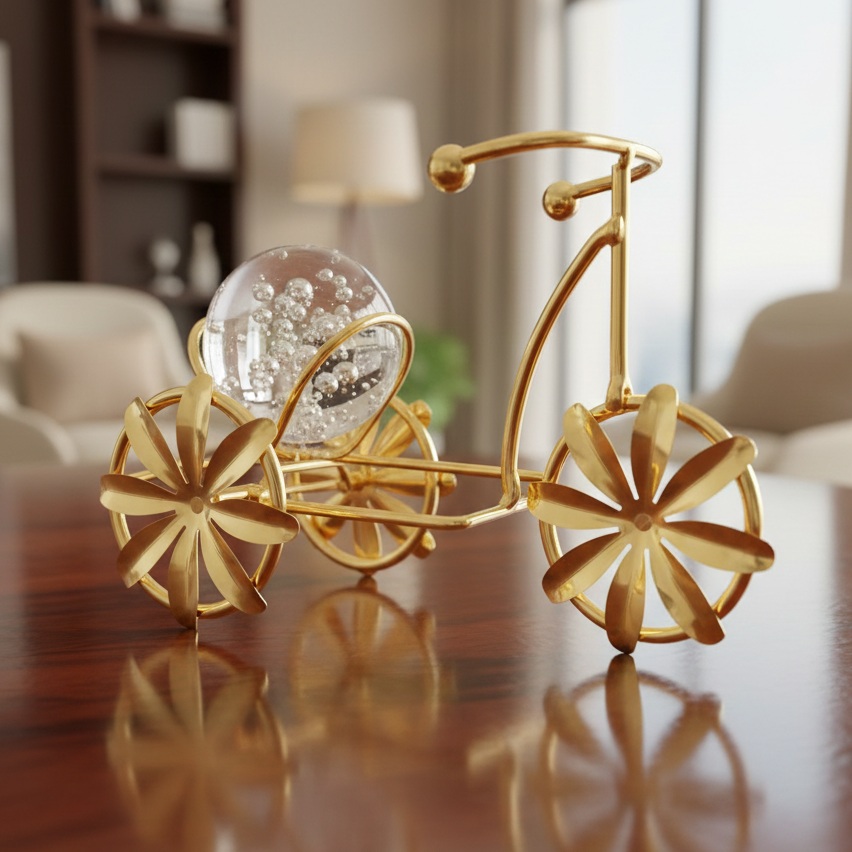 Gold decorative bicycle with a crystal ball on a wooden surface in a room.