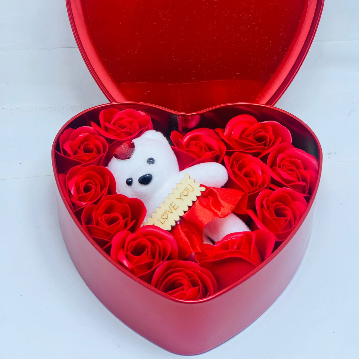 Valentines Day OR Mother’s Day Gift Box with Perfumed Red Roses & Teddy Bear
