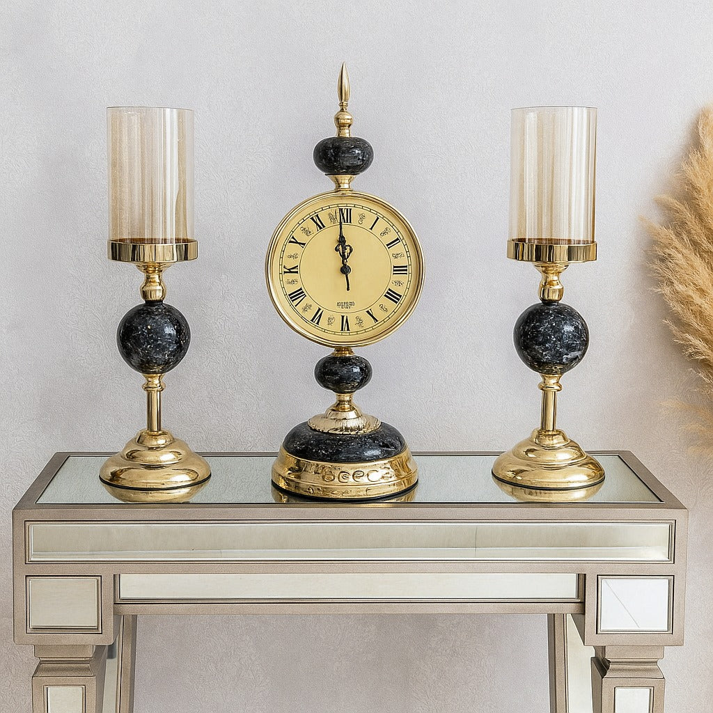 3 Piece set, Emerald Gold Candle Stand with Clock