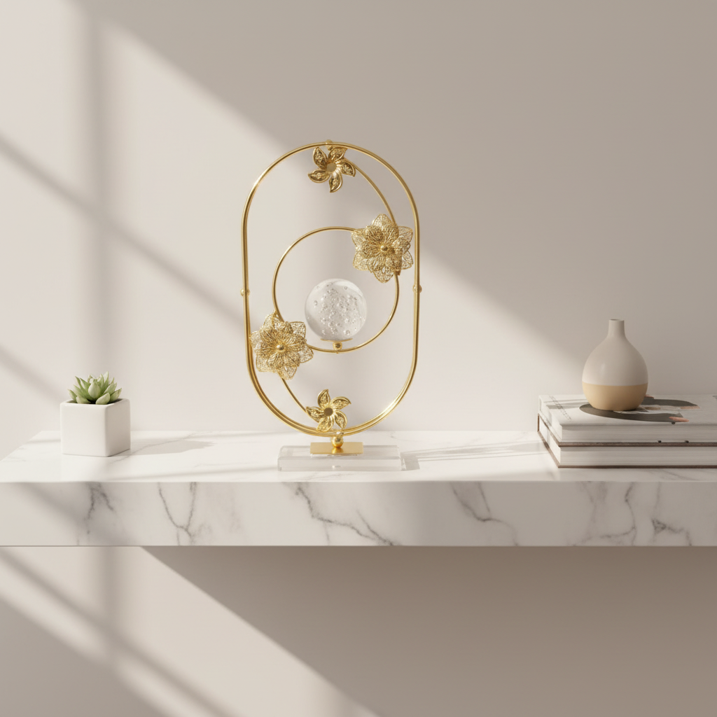 Decorative gold metal sculpture with floral designs on a wooden surface