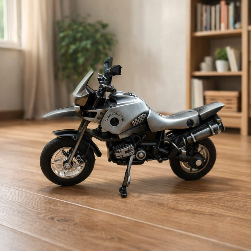Model motorcycle on a wooden floor with a blurred background