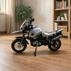 Model motorcycle on a wooden floor with a blurred background