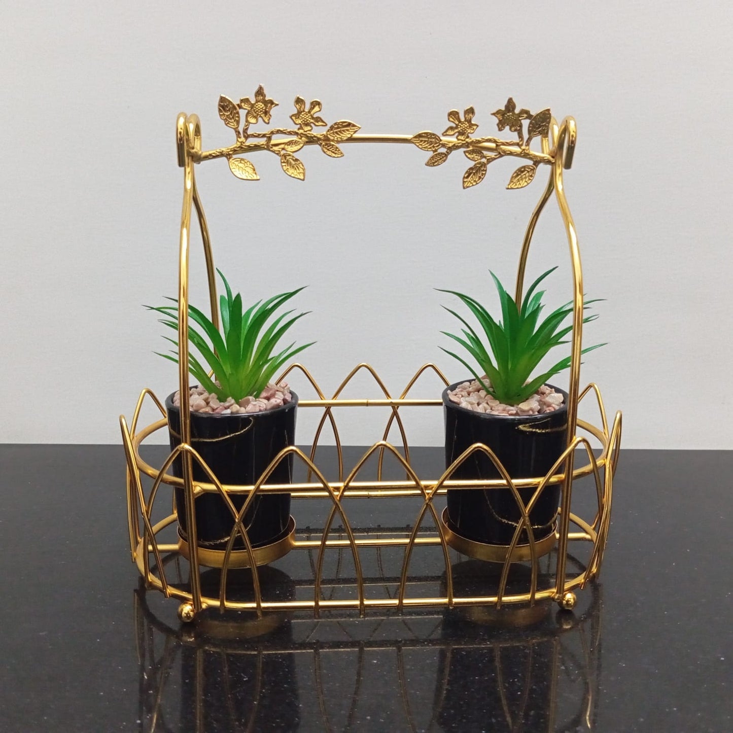 Gold Metal Tray with Artificial Double Ceramic Plant Pot