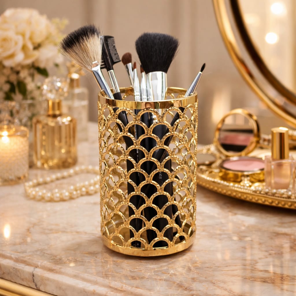 Gold decorative holder with makeup brushes on a vanity table with mirror and candles.