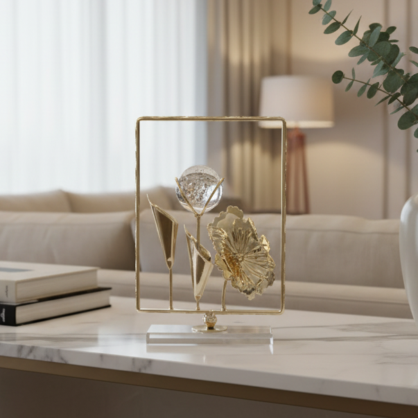 Decorative items on a marble surface in a living room setting