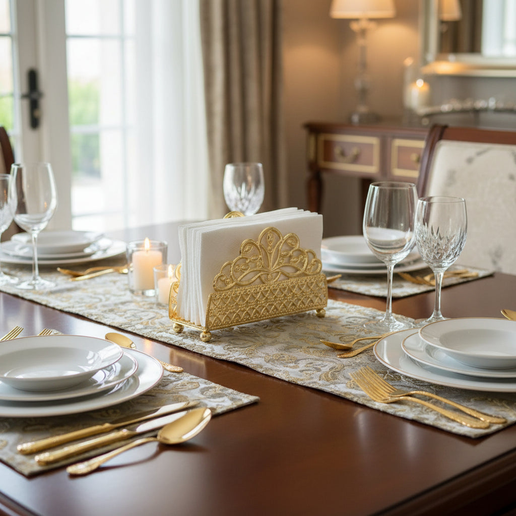 Decorative gold metal box with intricate patterns on a wooden surface.