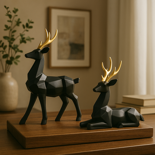 Black Geometric Deer Figurine Set