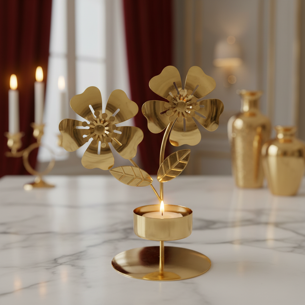 Golden Twin Flower Candle Holder