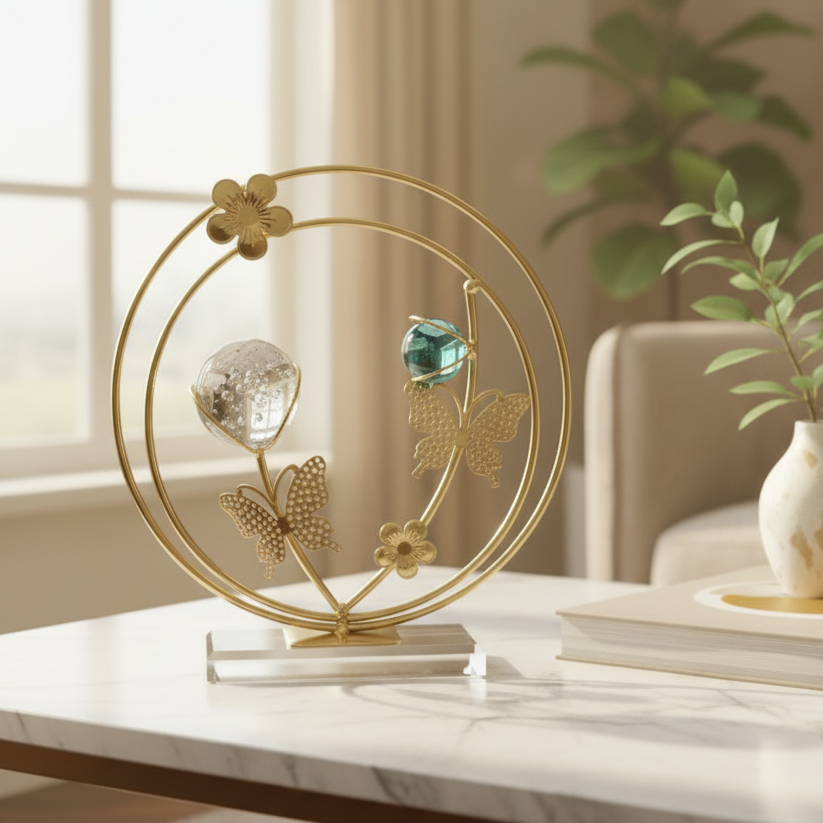 Decorative piece with gold frame, crystal rose, and turquoise butterfly on a wooden surface.