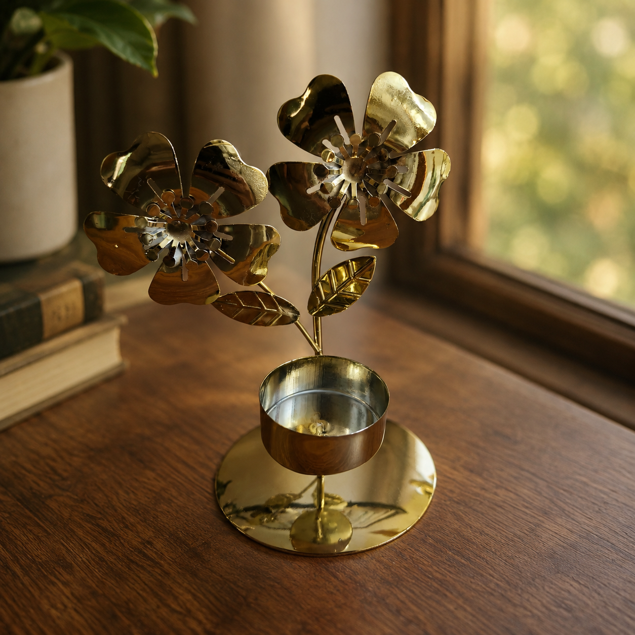 Golden Twin Flower Candle Holder